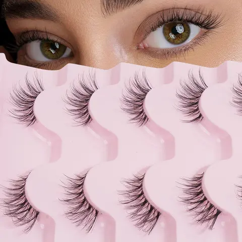 Half Eyelashes, 5 Pairs Transparent Stem Natural Lashes, 3D Fluffy False Eyelashes, Natural Lash Look, High Quality Eyelashes with Naturally Slim for Daily Beauty Tools, Makeup, Universal Lashes, Cosmetic False Lashes, Fake Lashes