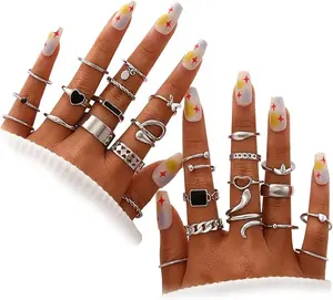 27 Pcs/Pack Silver Knuckle Rings Set for Women Girls - Vintage Stackable Boho Snake Finger Rings