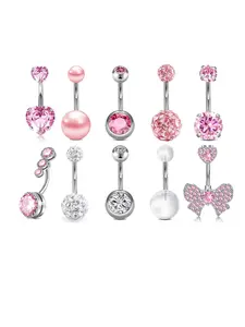 10 Piece Set Cubic Zirconia Belly Rings, Body Piercing Jewelry, Stainless Steel 14g Navel Piercing Jewelry, Heart & Butterfly Design, Perfect Gift