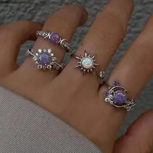 Opal Celestial Ring Set - Silver-Tone Sun, Moon, Starburst Designs with Sparkling CZ Accents, Whimsical Stackable Jewelry for Boho Outfits & Witchy Style