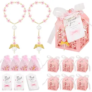 J6&H6 100 pcs Pink Baptism Favors Set includes Angel Mini Rosary, Pink Drawstring Organza Bags, Thank You Cards, and Cross Boxes For Baptism Recuerdos Christian Gifts First Communion Baptism