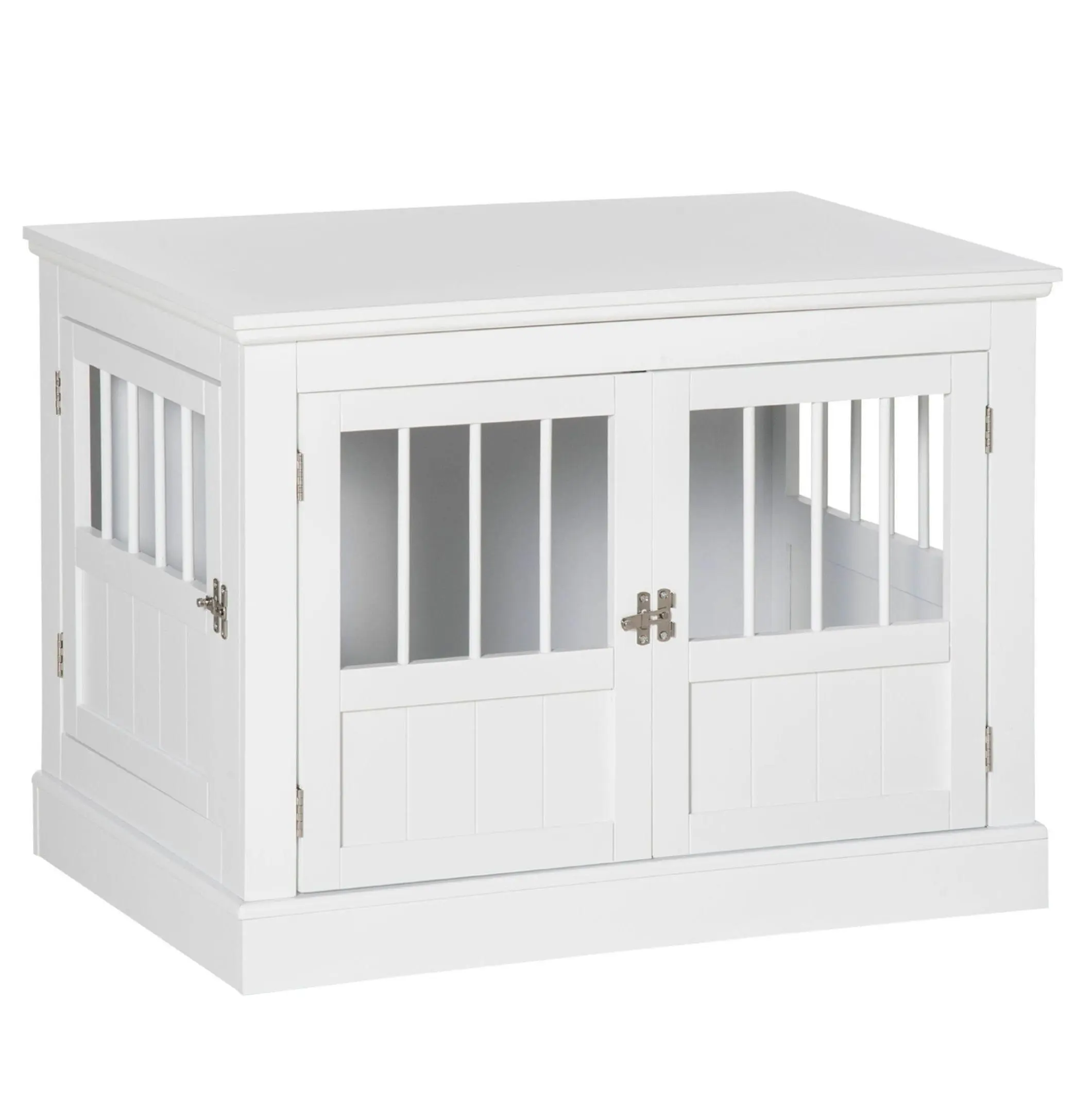 Dog Crate End Table, White Wood Kennel, Triple Door Small Dog Crate with Steel Tubes, Modern Furniture Style