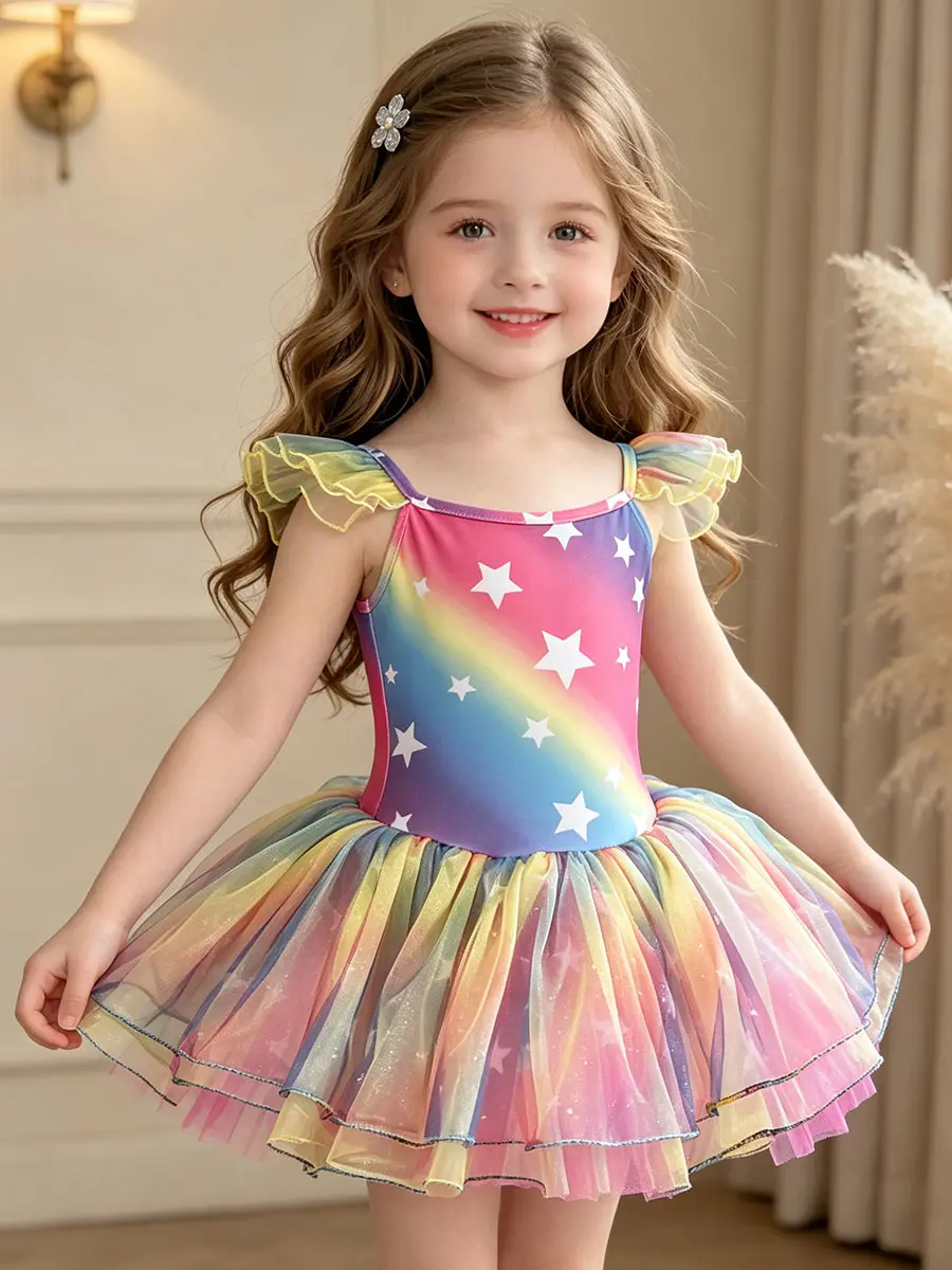 Toddler Girls' Starry Rainbow Ballet Dress with Flutter Straps, Crew Neck Glittered Polyester Tulle Princess Costume, Elastane Blend