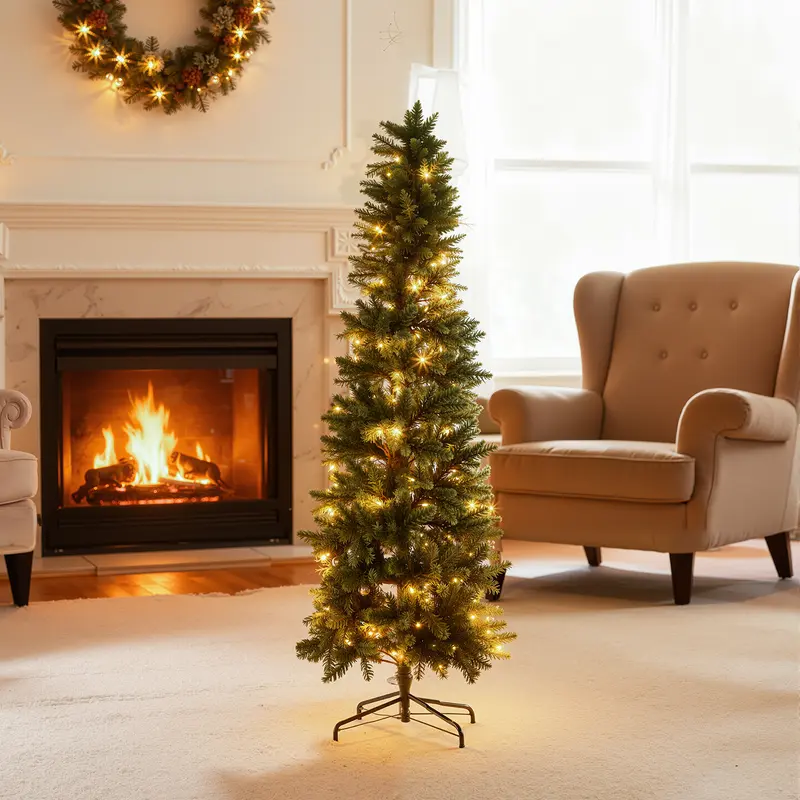 Sweetcrispy Pre-Lit PVC Pencil Christmas Tree - Green Artificial Spruce Slim Tree with Incandescent Lights, Metal Foldable Stand, Branch Tips, Easy Install, Installation Manual, Indoors Home/Office Decor, Christmas Apartment Decor Ornaments