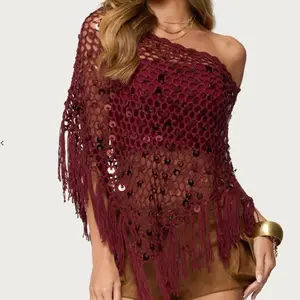 Women Y2k Fringe Sequin Crochet Poncho Boho Summer Hollowed Out Cover Up Knit Mesh Batwing Sleeve Beach Shrug Tops