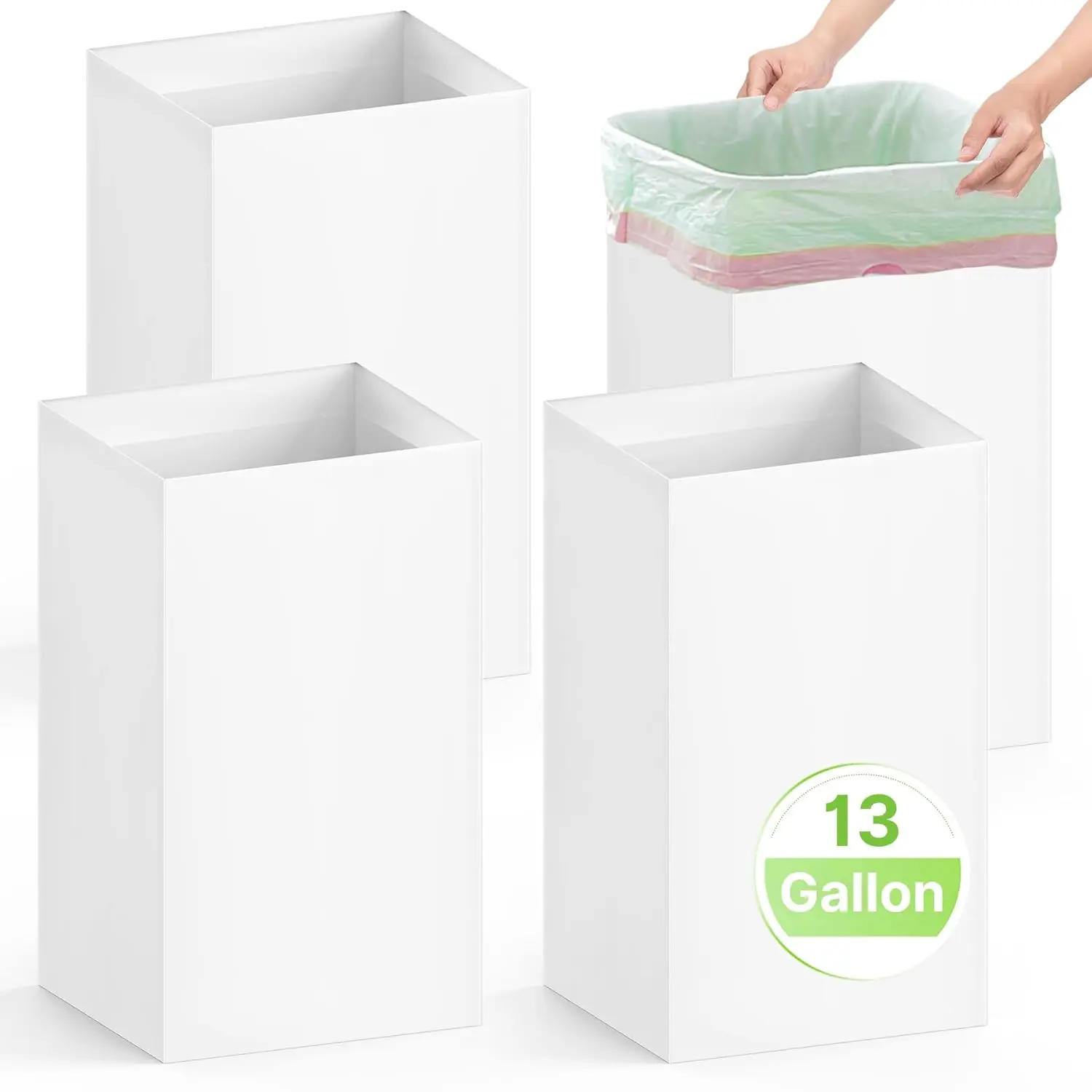 13 Gallon Disposable Trash Cans for Parties, 4 Pack, White | 13.5"L x 10.0"W x 21.6"H, Reusable, Portable, Collapsible, Recycled Cardboard Trash Can for Events Parties Camping