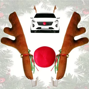 Reindeer Antlers and Nose Christmas Decoration Set for Cars, Includes Red/Green Antlers Set, White Nose, Gold Bells, and Easy Clip-On Adhesive Strips - Suitable for All Vehicles (S, Trucks) Holiday Car Accessories, Christmas Car Decorations