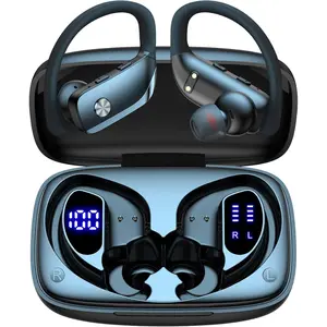 Wireless earbuds and Bluetooth earphones, equipped with an 80 hour playback time LED display box, ear hook with microphone, stereo sound, simple button control, suitable for running, exercising, and gym sports headphones in black