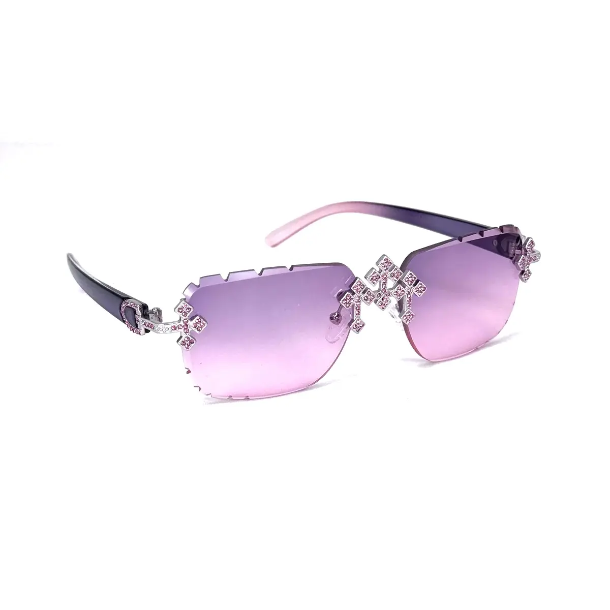 Silver Purple Pink Triple Cross ICED-OUT Sunglasses – Purple Statement Shades, Silver Bridge