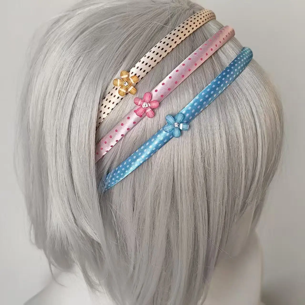 Vintage Y2K Polka Dot Thin Headband - Rhinestone Cherry Blossom Hair Accessory for Kawaii Girls cute set purple Hairband