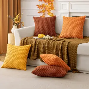Pack of 2 Fall Pillow Covers Burnt Orange Pillow Covers Decorative Throw Pillows 18x18 Inch for Couch Bed Living Room Soft Corduroy Striped Square Cushion covers Rustic Farmhouse Home Decor