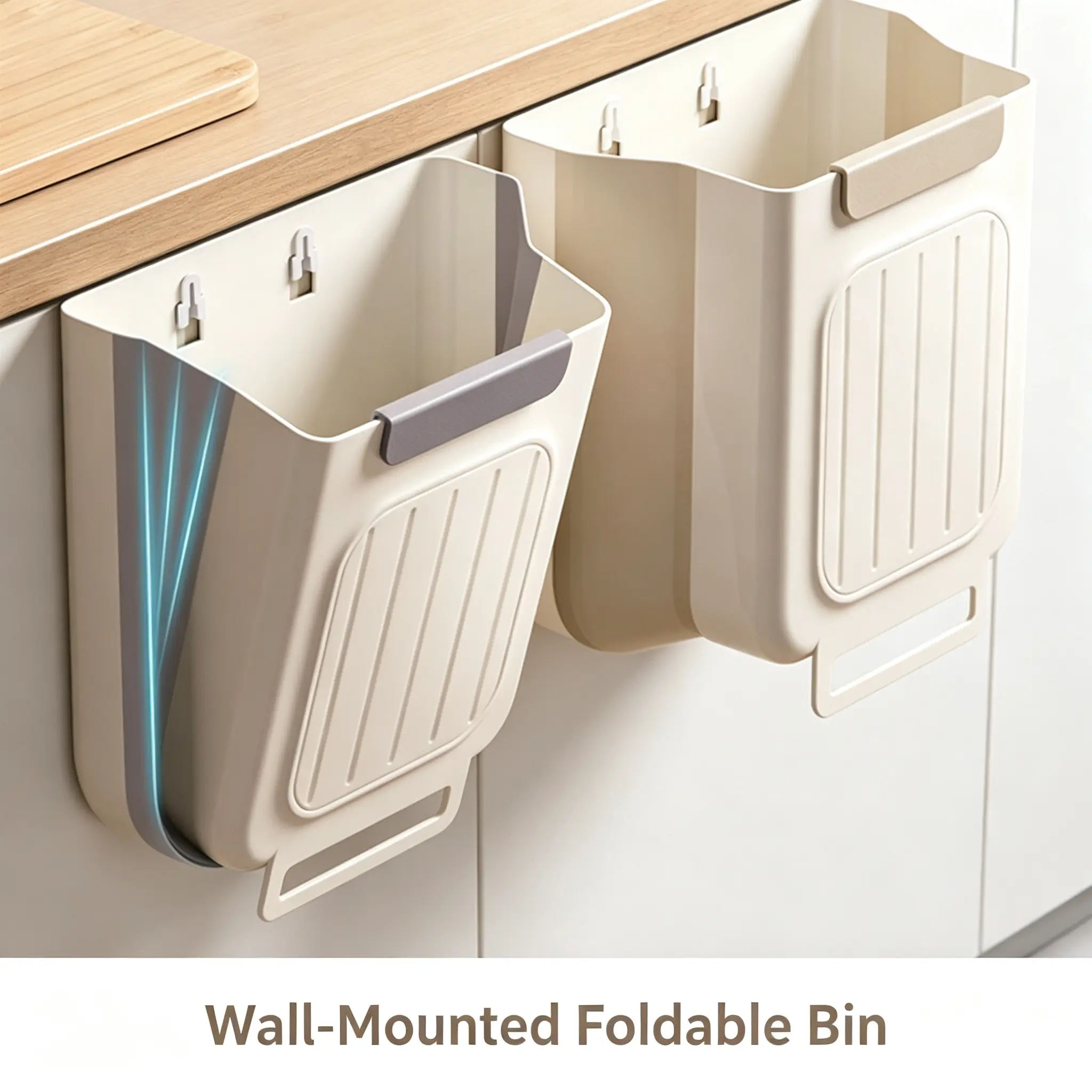Foldable Hanging Kitchen Trash Can - Wall Mount Cabinet Door Garbage Bin with Flat Body, Large Cap., Multi-Use PP Plastic, Single Unit for Space-Saving Home Waste Storage (No Bending Needed)
