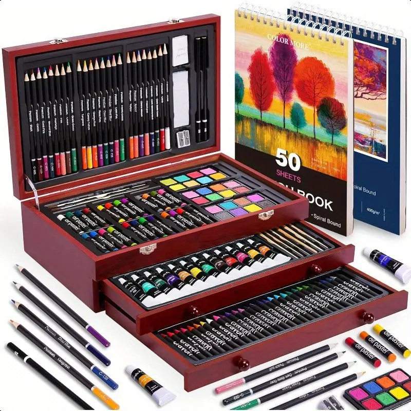 175pcs Deluxe Art Set with 2 Drawing Pads Acrylic Paints Crayons Colored Pencils Paint Set in Wooden Case Professional Art Kit Art Supplies for Adults Teens and Artist WoodMuse Plus