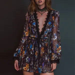 Women's Mini Dresses Casual Spring V Neck Chiffon Long Peasant Sleeves Flowy Spring Dress linendress