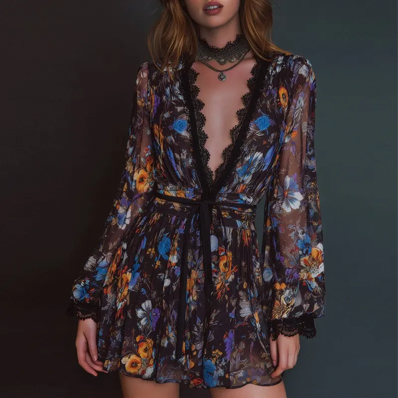 Women's Elegant vacation dresses, Floral Print Long Sleeve Chiffon Dresses for Women, Lace Trim Tie Mini Dress Casual Wear sun dress Womenswear