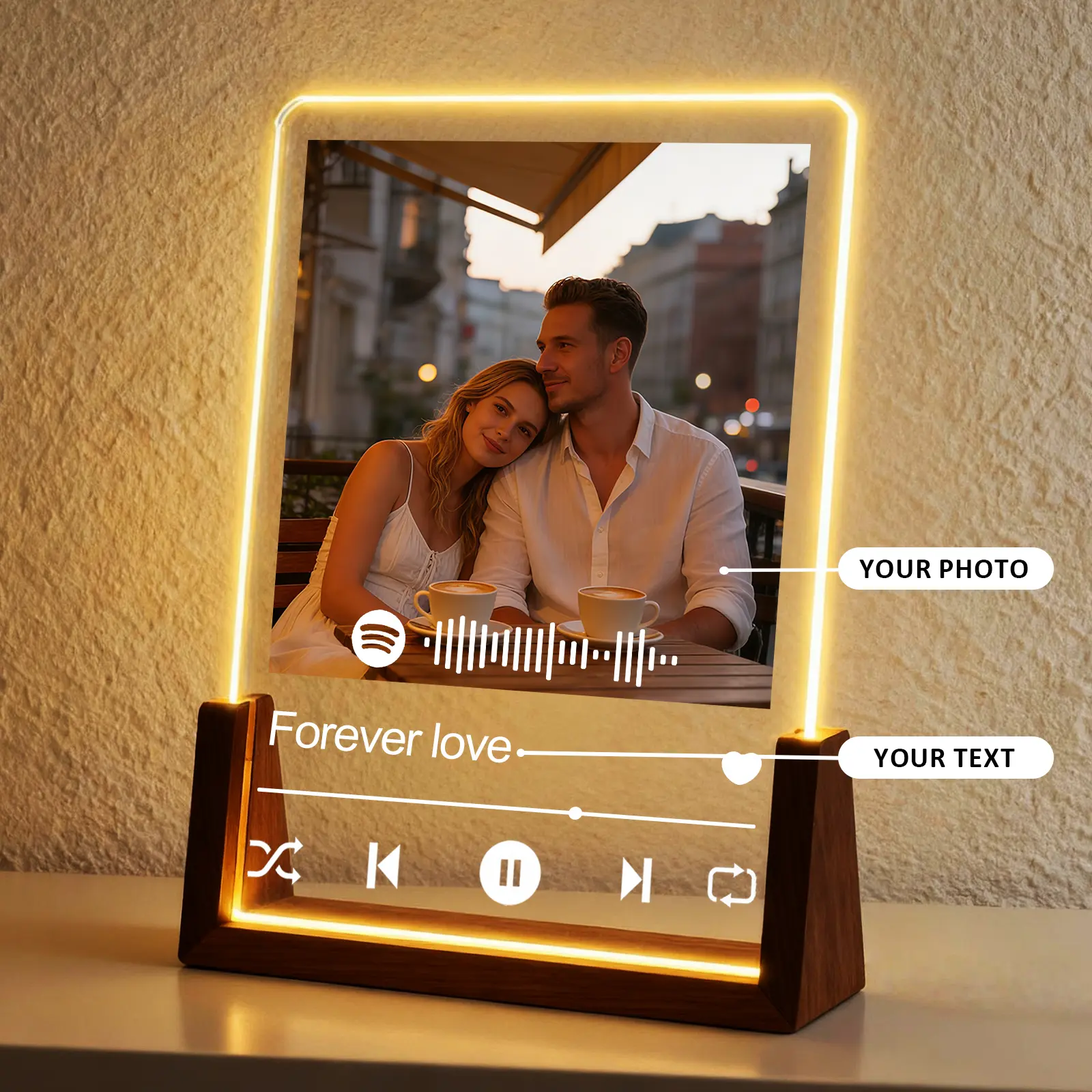 [HKZZ.Made] Custom Spotify Acrylic Music Plaque, Walnut Base 4/5/6/8in, Multi Light & Bluetooth Speaker Choices, LED Personalized Photo Frame, Gift for Valentine, Anniversary, Birthday, Graduation & Special Memories
