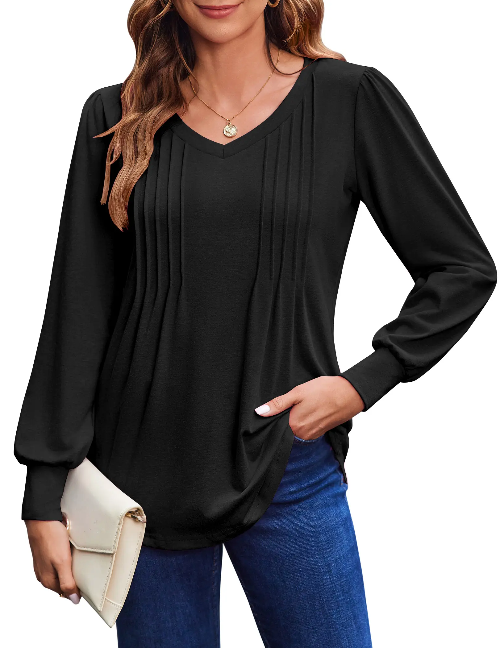 ZEAGOO Women's Bohemian Puff Sleeve Solid T-Shirt - Fashion Breathable Pleated V-Neck Loose Tunic Top for Fall Dressy Casual Wear, Cute, Beach, Slacks, Style