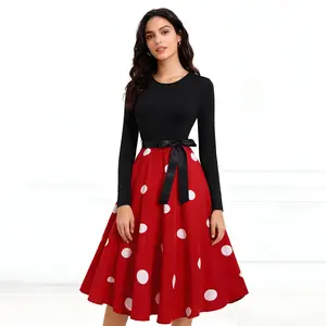Vintage Women's Red Polka Dot Party Dress with Black Belt - Long Sleeve Elegant Design for Date Night & Cocktail Events - Winter Wear Formal Womenswear bridesmaid dresses