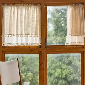 BTTO 29/52 Inch Width Curtain Valance for Kitchen Cafe, Boho Linen Short Sheer Lace Valances for Window, Vintage Knitting with Macrame Tassels Curtain for Dining Room 1 Panel, Cream