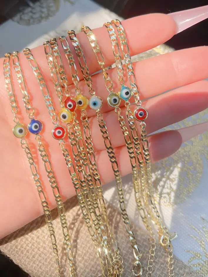 14k Gold Plated Evil Eye Figaro Bracelet - 6 inch with 1 inch extender