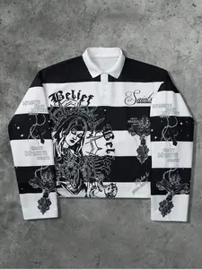 Men's Vintage Mother Striped Geometric Polo Hoodie, All over Graphic Print, Fitted Casual Style, Streetwear American Fashion, All Seasons, Fashion Casual Clothing