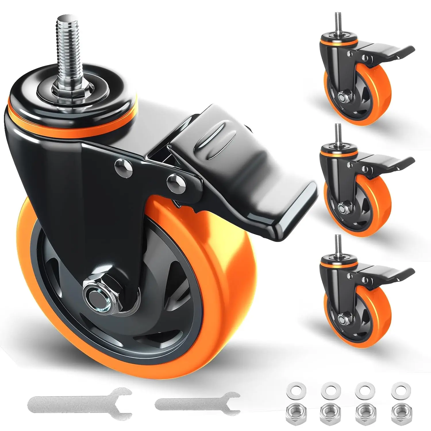 4 inches Lockable Caster Wheels Set of 4, Heavy Duty UNC 3/8"-16 x 1 Threaded Stem Mount Swivel Brake Workbench Casters, Synthetic Industrial Dual Locking Wheels for Furniture Move (Indoor/Outdoor Use)