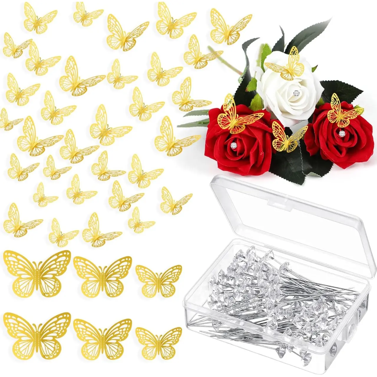 160  Flower Bouquet Accessories Set,60  3D Gold Butterfly Sticker Wall Decor and 100   Corsages Pins for Mother's Day Valentines Day Wedding Birthday Party