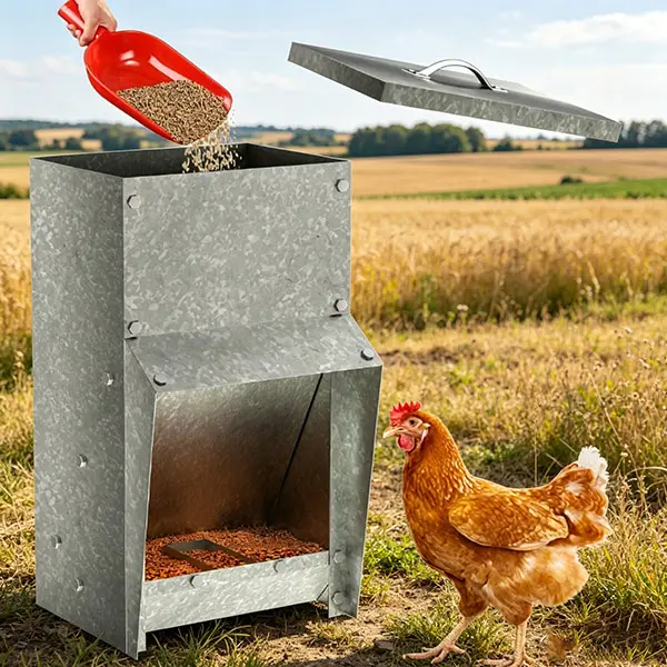 Heavy Duty Galvanized Steel Chicken Feeder with Rainproof Seal Lid - 12-30 lbs Anti-Waste Gravity Feed Dispenser, Automatic Feeding, Rust-Proof Poultry Food Container, Large, Rat Proof Design, Easy to Use for Backyard Hen Coop