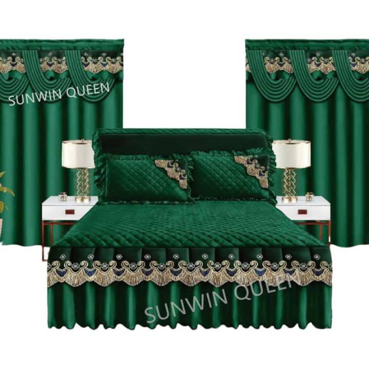 Sunwin Queen Premium Bed Set – Soft Comfortable Mattress & Blanket in Elegant Green with Gold Embroidery