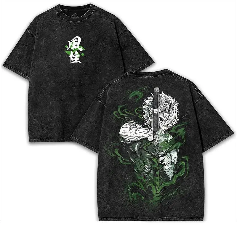 Demon Slayer Sanemi Anime Graphic T-Shirt, Distressed Acid Wash Round Neck Top, Unisex Shortsleeve Funny Streetwear with a Casual Fit, Street Style Drip, Unisex Merchandise