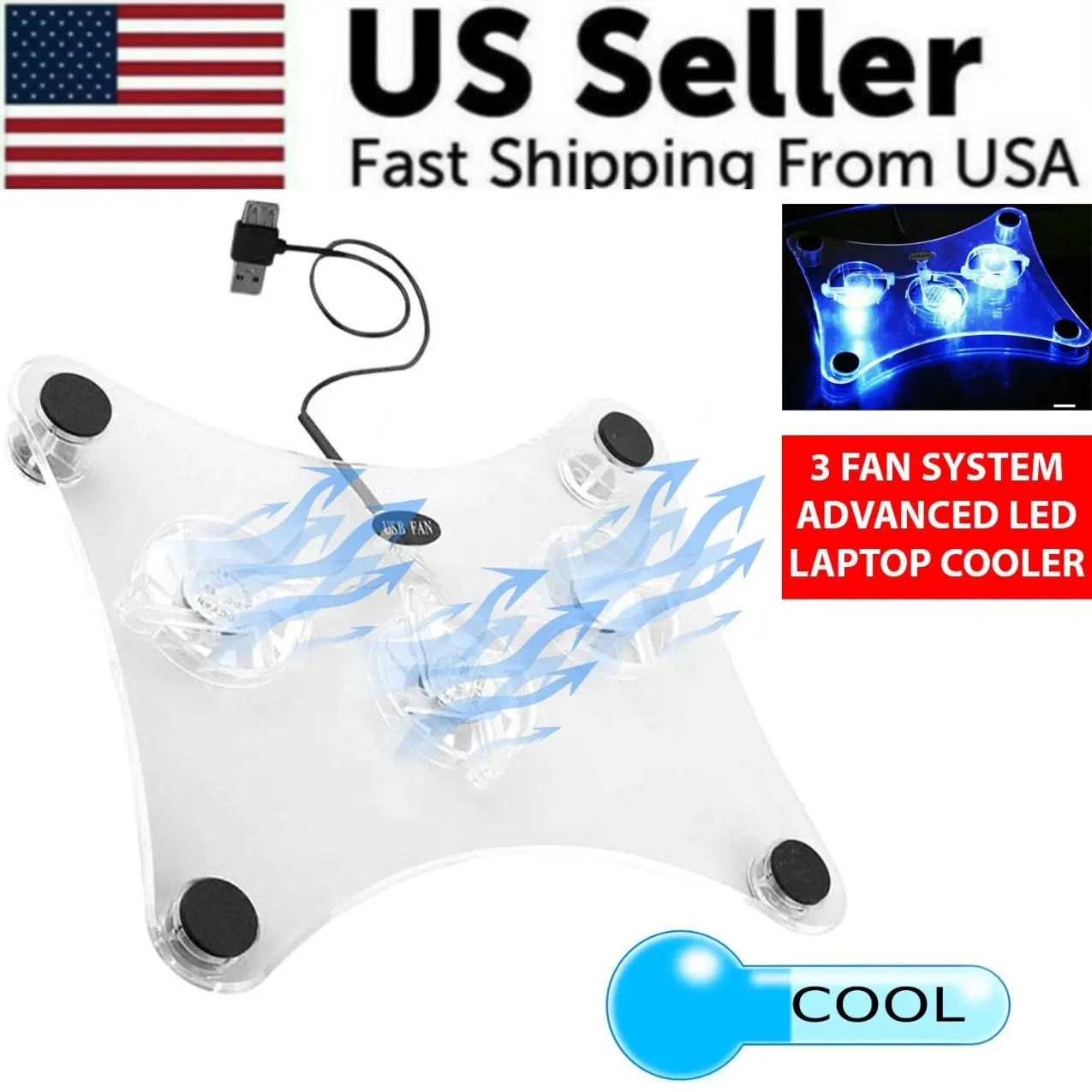 Laptop Cooling Pad, 3 Fan USB Powered Cooling Stand with Blue LED Lights, Slim Portable Laptop Cooler for 13 in Notebooks and PCs | usb cooling pad, notebook cooler, portable laptop stand, led laptop cooler, 13 inch laptop cooler