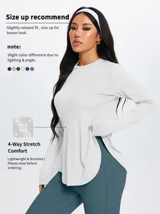 Women's High Elasticity Long Sleeve Top, Casual Round Neck Split Hem Top, Fitness Clothes, Athletic Sports Tops for Gym, Yoga and Daily Wear