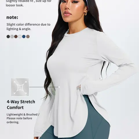 Women's High Elasticity Long Sleeve Top, Stretchy Workout Top, Casual Round Neck Split Hem Shirt for Daily Wear Gym Yoga Running, Autumn Winter Fashion