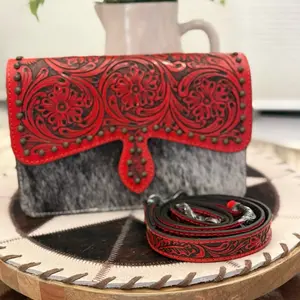 Red Tooled Cowhide Handbag with Studded Accents and Matching Leash Set for Stylish Western Looks