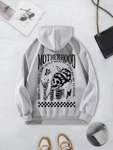Women's Skull & Letter Print Drop Shoulder Halloween Hoodie, Fashion Casual Drawstring Pocket Hooded Graphic Sweatshirts for Daily Holiday Outdoor Wear, Women Clothing for Fall & Winter