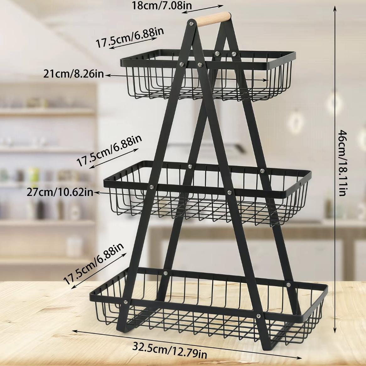 3-Tier Fruit Basket Stand with Wooden Handle, Metal Wire Storage Rack for Fruits, Bread, Snacks & Vegetables, Large Capacity Kitchen Counter Organizer, Space Saving Tiered Food Storage Rack, Home Kitchen Decor