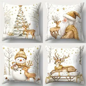 4pcs,  Christmas Throw Pillow Covers - Modern Throw Pillow Covers  Snowy Forest, Trees, Santa Claus, Snowman, Deer and Sleigh Prints for Living Room and Office Decor, Single-sided Printing Without Pillow Core