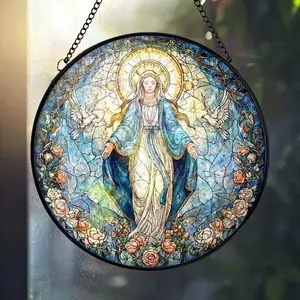 Virgin Mary Suncatcher, Our Lady of Grace Round Window Hanging, Catholic Gift, Blue Rose Halo Christian Home Decor