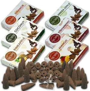 Fruity - Backflow Incense Cones for Waterfall - Scented Inscents-Cones - Pineapple, Strawberry, Coconut, Mango, Apple, Orange - Insiensos Aromaticos - 6x10=60 Large Variety Pack