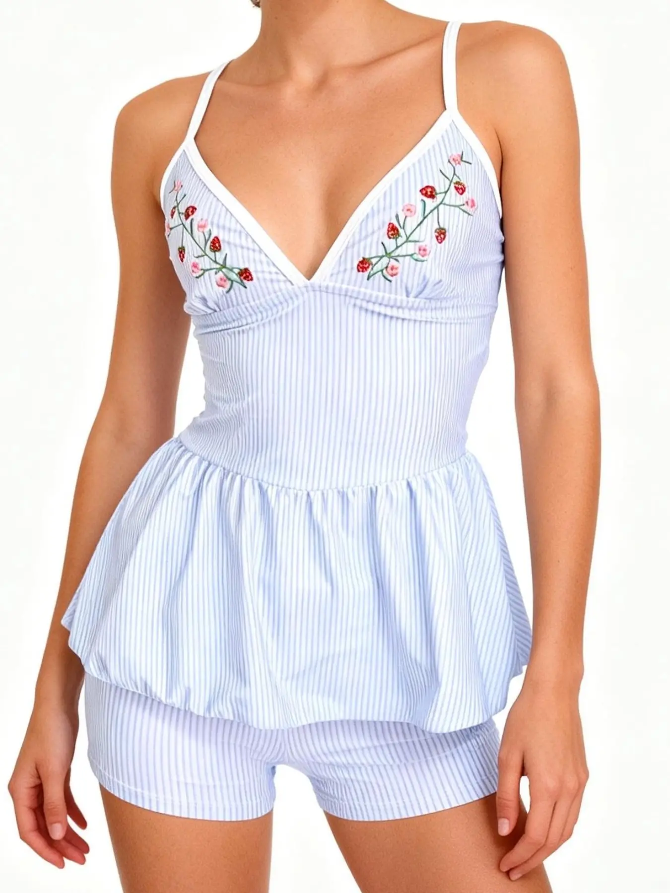 Cute Striped Strawberry Embroidered Adjustable Shoulder Strap Women's Two-Piece Swimsuit, Stylish Beachwear, Comfortable Swimwear