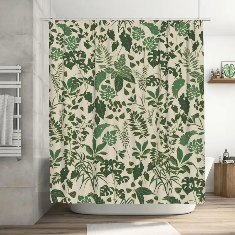 Leaf Print Shower Curtain, 1 Count Punch Free Waterproof Shower Curtain with 12pcs Hooks, Bathroom Supplies for Home Bathroom, Removable Shower Curtain, Bathroom Accessory, Bathroom Shower Curtains