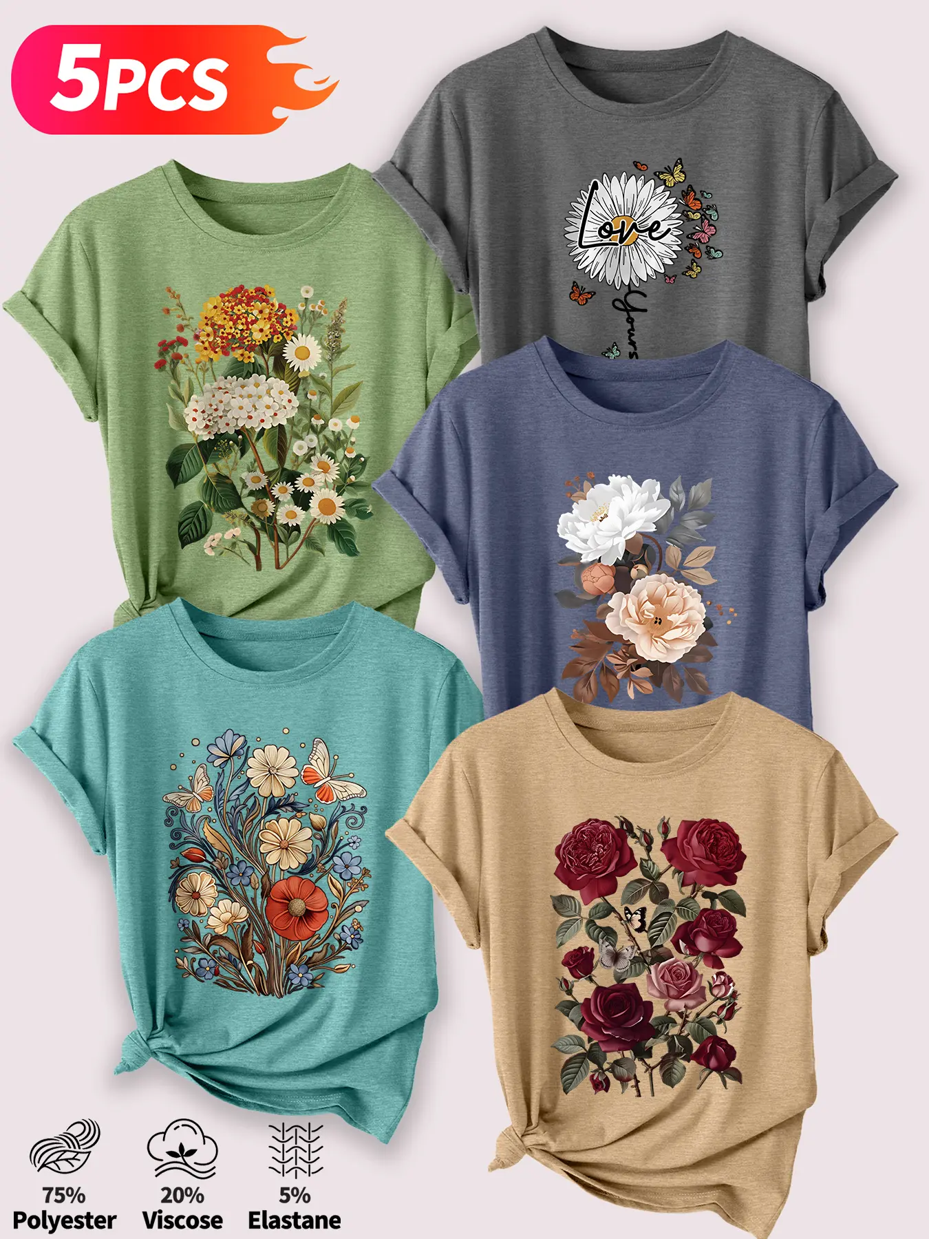 Women's 5Pcs Crew Neck T-Shirts, Boho Cottagecore Tee, Vintage Floral & Rose Daisy Series Print, Multiple Colors Available, Machine Washable, Spring & Summer Tops, Soft Skin-Friendly Fabric