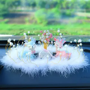 Car Dashboard Statues Deer, Pearl Fluffy Feathers Anti-Slip Mat Rhinestone Ornaments for Home Office Car Desktop Decorative Ornaments, Car Decor for Car Dashboard