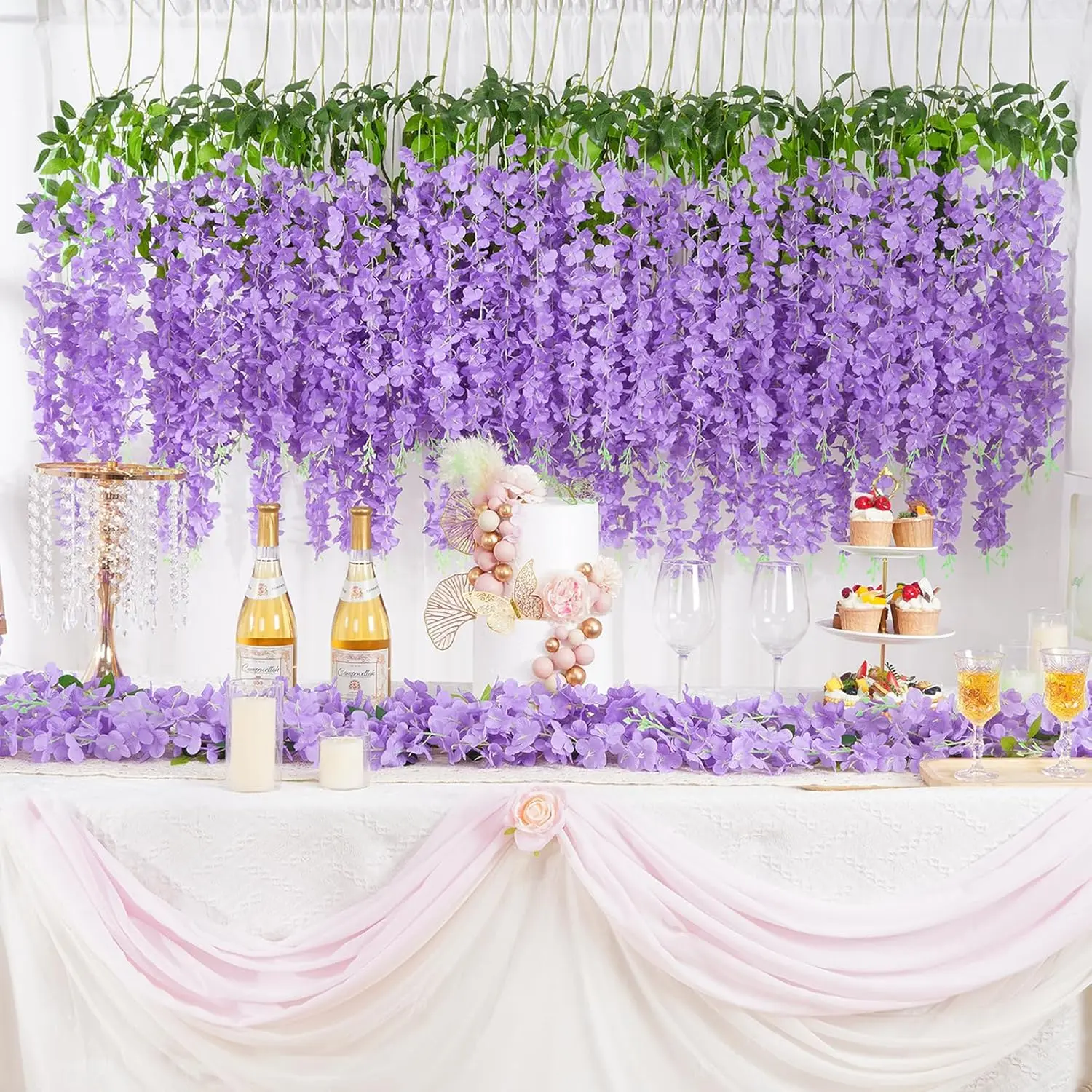 72PCS Artificial Wisteria Hanging Flowers Fake Wisteria Flower Garland Silk Vines Rattan Decor for Home Wedding Arch Wall Garden Greenery Bedroom Outdoor Office Party Decoration ( Purple)