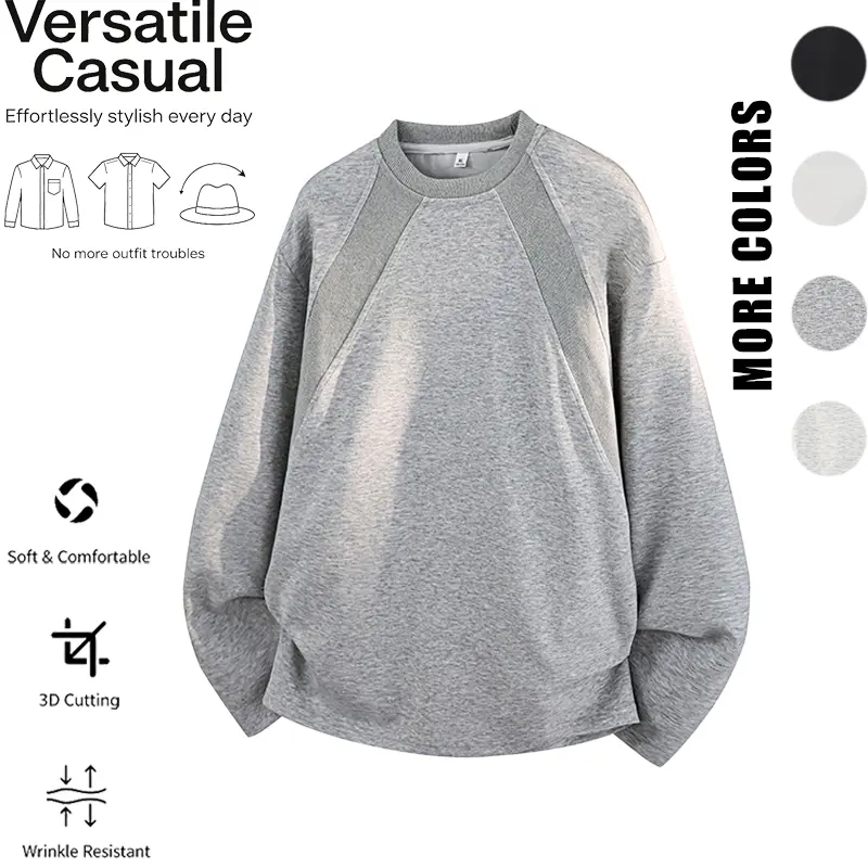 Oversized Long-Sleeve Sweatshirt for Men, Street-Style Patchwork Pullover with Soft Wrinkle-Resistant Fabric, All-Season Casual Crewneck Top for Easy Daily Layering
