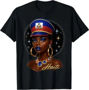 Melanin Haitian Queen Ayiti Pride Haiti Flag Day Women Gifts T-Shirt- Digital Print, Fitted Short Sleeve, Medium Length, Hand Wash Only, Versatile for All Seasons - Fabric, Clothes