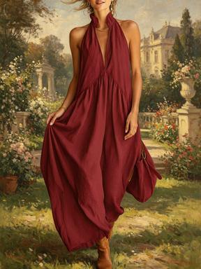 Mother's Day Gift AgeRose Halter Neck Maxi Dress Women Minimalist Casual Loose Fit Summer Beach Vacation Long Dress Lightweight with Pockets