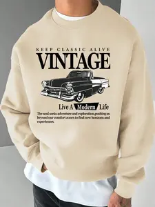 Men's Casual Vintage Round Neck Pullover Sweatshirt, Vintage Car Letter Print, Urban Fashion, Daily Commute, Holiday Wear