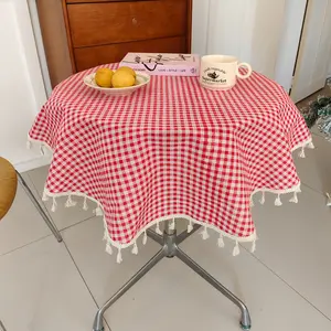 1pc Plaid Round Tablecloth, Durable Machine Woven Holiday Table Cover, Easy Clean, Handmade Fringe Design, Elegant Home Decor