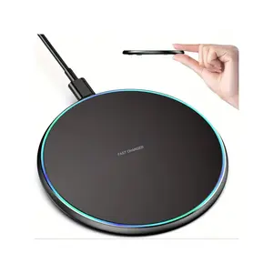 15W Fast Wireless Charging Pad with LED Light - Ultra Thin Round Charger Station for Desk Travel Home Office, Portable Mobile Phone Charger Compatible with iPhone Compatible with Samsung Android, Black White, Ideal Gift for Halloween,  Birthday, Foldab